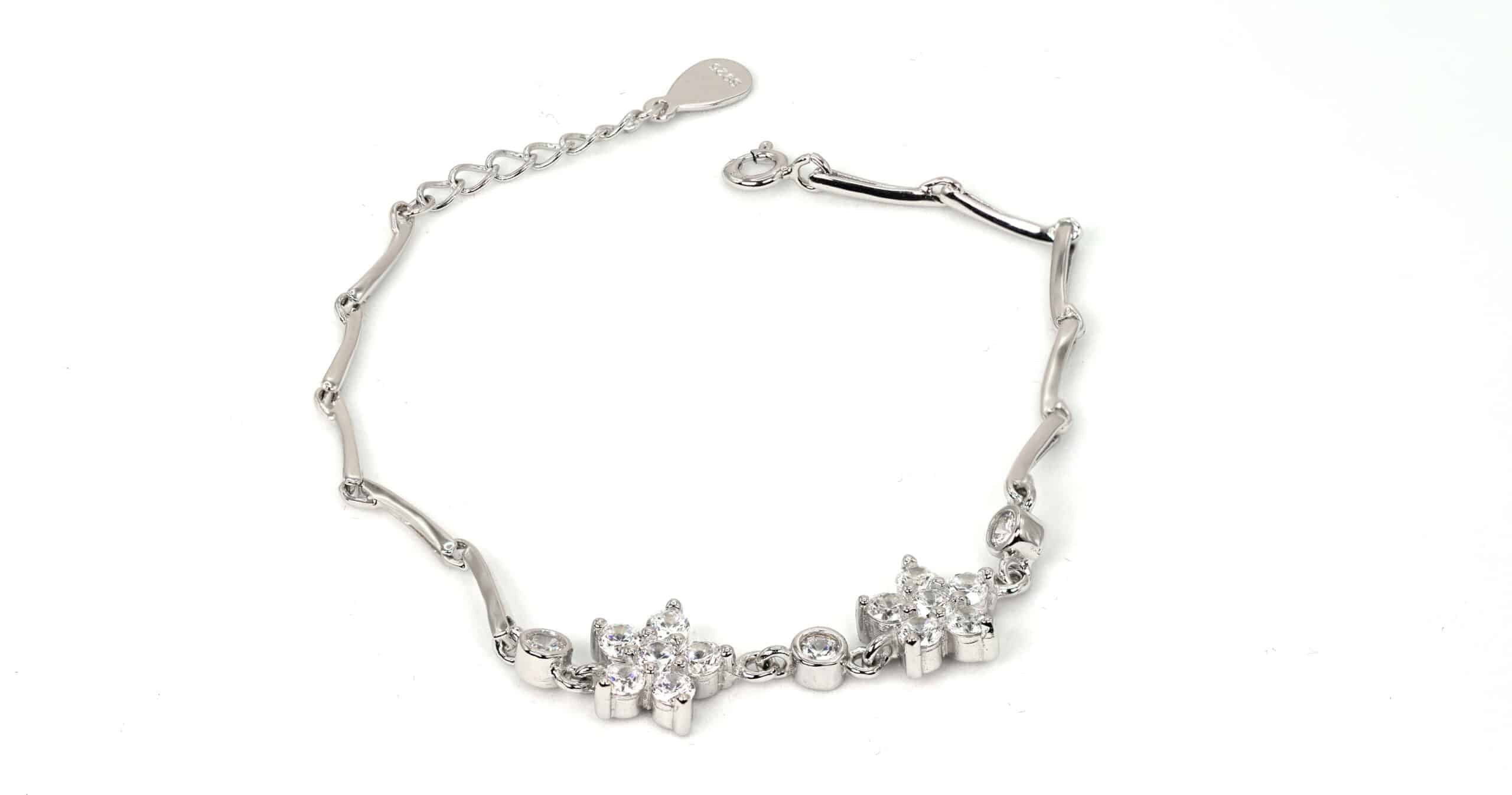 Floral and Geometric Zircon Sterling Silver Bracelet With