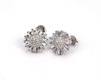Sparkling Blooms: Sterling Silver Flower Earrings with Zircon Stones