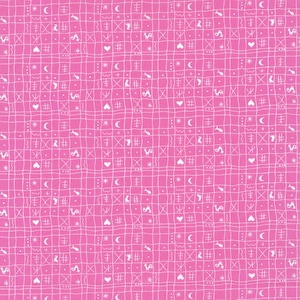 Könnte beinhalten: Ein rosa Hintergrund mit einem weißen Gittermuster. Das Gitter ist mit verschiedenen weißen Symbolen gefüllt, darunter Sterne, Monde, Fische, Herzen und andere abstrakte Formen.