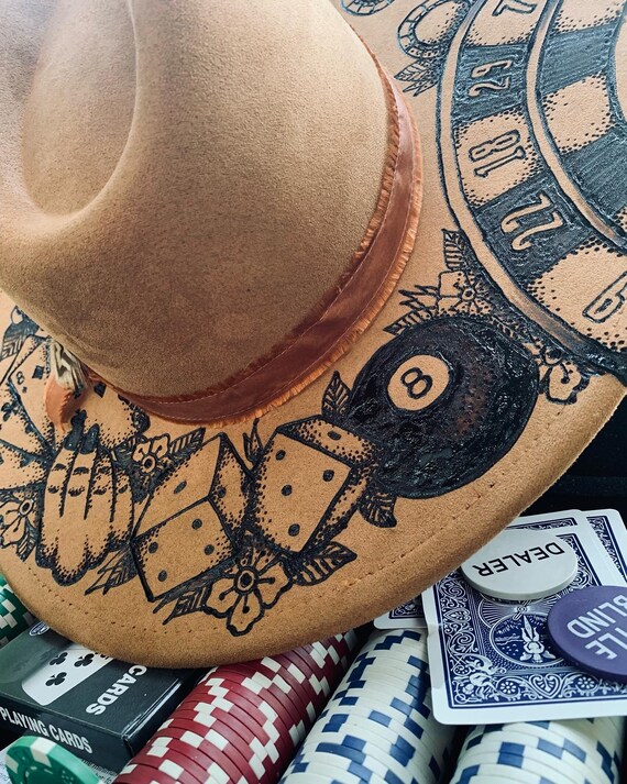 Vegas Poker Gambling Themed Wood Burned Felt Hat - Etsy display picture 2