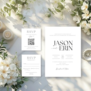 Modèles modernes et simplistes de faire-part de mariage en noir et blanc (carte principale et cartes RSVP)