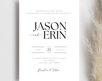 Puede incluir: Una invitación de boda minimalista sobre cartulina blanca. El texto incluye los nombres "JASON y ERIN" en negrita, junto con la fecha, hora y lugar de la ceremonia. La invitación también incluye la frase "Recepción a continuación."