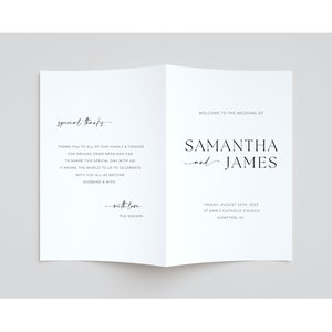 May include: A wedding program with a white background and black text. The program includes the names Samantha and James, the date and location of the wedding, and a special thanks message to guests.