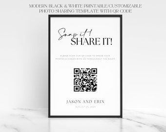 Modern Simplistic Black&White Printable Guests Photo Sharing QR code Template