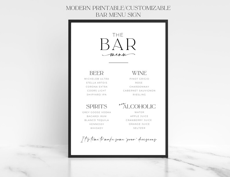 Modern Black&white Printable Bar Menu Sign Template Etsy