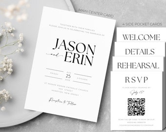 Modern Simplistic Black & White Pocket Wedding Invitation With 4 Side Card Templates