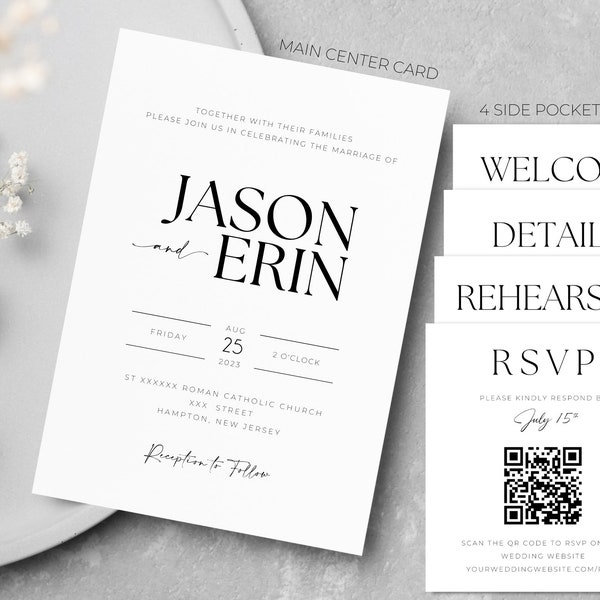 Modern Simplistic Black & White Pocket Wedding Invitation With 4 Side Card Templates