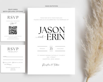 Modern Simplistic Black & White Wedding Invitation (Main Card and RSVP Cards) Templates