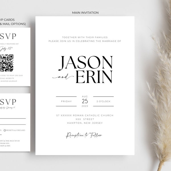 Modern Simplistic Black & White Wedding Invitation (Main Card and RSVP Cards) Templates