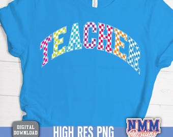 Neon Teacher PNG: Retro Varsity Font, Distressed Design (Digital Download