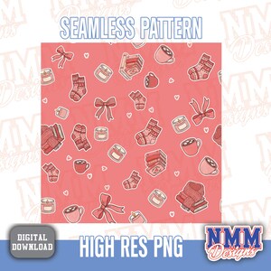 May include: A digital seamless pattern featuring cozy winter elements. The design includes illustrations of socks, books, mugs of hot chocolate, candles, and bows on a pink background. The text "SEAMLESS PATTERN" and "HIGH RES PNG" are also included.