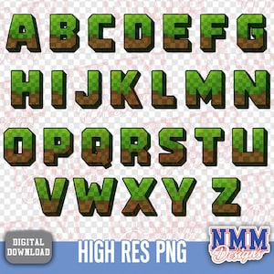 Puede incluir: Un alfabeto completo en un estilo pixelado, con cada letra que presenta un diseño de bloques verdes y marrones. Las letras están dispuestas en filas, con el texto "HIGH RES PNG" debajo. La imagen también incluye el texto "DIGITAL DOWNLOAD".