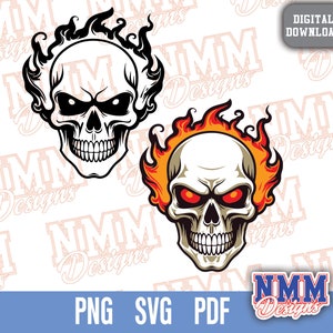 May include: Two skull illustrations with flames. The skull on the left is white with black flames. The skull on the right is white with orange flames and red eyes.