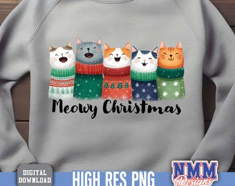 Chat de Noël miaou PNG : bonnets de père Noël, chats festifs (téléchargement numérique)