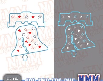 Puede incluir: Un contorno azul de la Campana de la Libertad con estrellas rojas y blancas en su interior. La imagen es para una descarga digital de un archivo SVG, PNG, EPS y DXF.