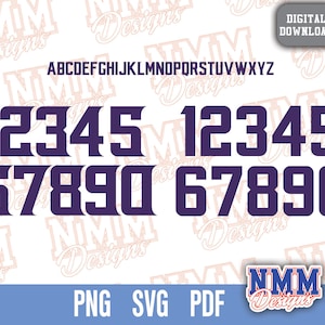 May include: A digital download of a font featuring a bold, blocky style. The font includes uppercase letters, numbers, and the words "PNG", "SVG", and "PDF".