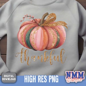 May include: A pale grey sweatshirt with a watercolour pumpkin design. The pumpkin is pink, orange, and green with gold glitter and a gold bow. The word "thankful" is written in gold script below the pumpkin.