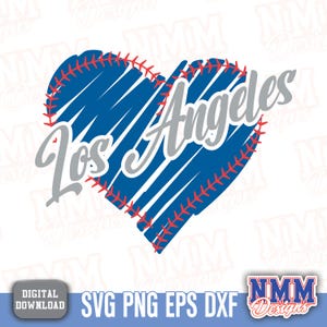 May include: A blue heart design with red stitching around the edges and the words "Los Angeles" in gray. The heart is filled with blue diagonal lines. The image also includes the text "DIGITAL DOWNLOAD" and "SVG PNG EPS DXF".
