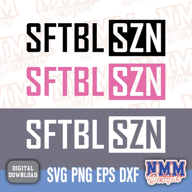 May include: Three variations of a graphic design with the text "SFTBL SZN" in black, pink, and white. The text is in a bold, sans-serif font.