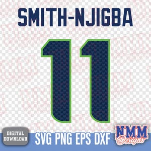 Puede incluir: Diseño digital con el nombre "SMITH-NJIGBA" en letras azules marino sobre el número "11". El número es azul marino con un contorno verde. El diseño incluye el texto "SVG PNG EPS DXF" y un logotipo.
