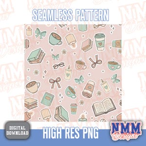 May include: A seamless pattern design featuring coffee cups, books, candles, bows, and eyeglasses on a pink background. The design includes the text "SEAMLESS PATTERN" and "HIGH RES PNG". The design is by NMM Designs.