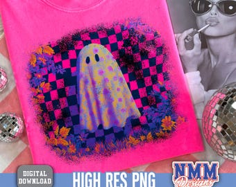 May include: A bright pink sweatshirt featuring a ghost graphic with a checkered background and floral accents. The ghost is in shades of yellow, purple, and orange. The words "HIGH RES PNG" and "DIGITAL DOWNLOAD" are visible.