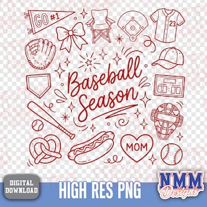 May include: A red and white digital graphic featuring baseball-related illustrations. The design includes a baseball, bat, glove, jersey, and the words "Baseball Season". Also includes a hot dog, pretzel, and a heart that says "MOM".