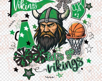 Cheer Lets Go Vikings, maskotka koszykówki w stylu preppy doodle png | pobieranie cyfrowe | Zielono-białe