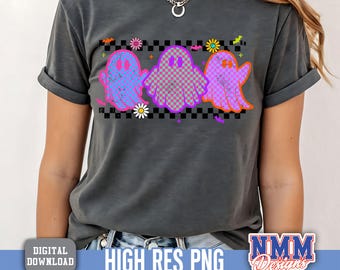 Checkered Neon Halloween Ghost PNG: Spooky Season Sublimation Design