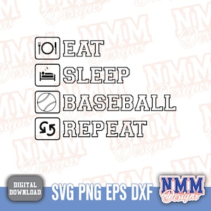 Clipart de béisbol "Comer, dormir, béisbol, repetir", diseño para Cricut, diseño para amantes del béisbol, descarga digital deportiva PNG