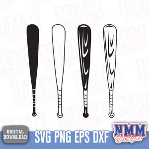 May include: Four baseball bat designs in black and white. The bats vary in style, with solid and outlined versions. The image includes the text "SVG PNG EPS DXF" and a logo that says "NMM Designs".