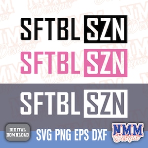 May include: Three variations of a graphic design with the text "SFTBL SZN" in black, pink, and white. The text is in a bold, sans-serif font.