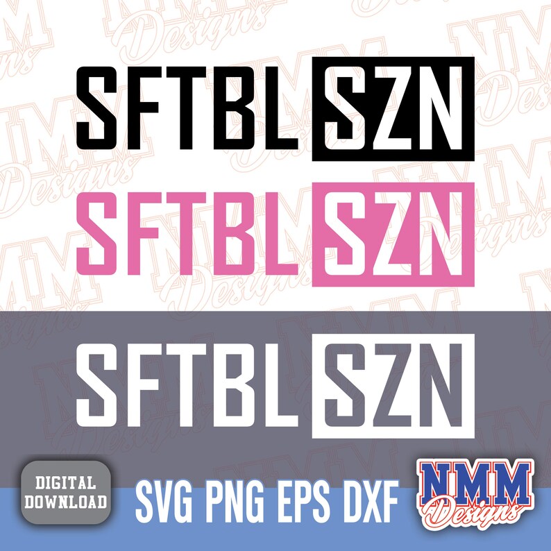 May include: Three variations of a graphic design with the text "SFTBL SZN" in black, pink, and white. The text is in a bold, sans-serif font.