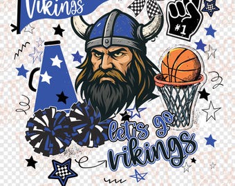 Cheer Lets Go Vikings, maskotka z motywem koszykówki w stylu preppy doodle png | pobieranie cyfrowe | Niebiesko-biały