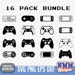 Pode incluir: Um download digital gráfico com um pacote de 16 designs de controladores de jogos a preto e branco. A imagem inclui vários estilos de controladores, incluindo gamepads clássicos e modernos e consolas portáteis. O texto inclui "16 PACK BUNDLE", "DIGITAL DOWNLOAD" e "SVG PNG EPS DXF".