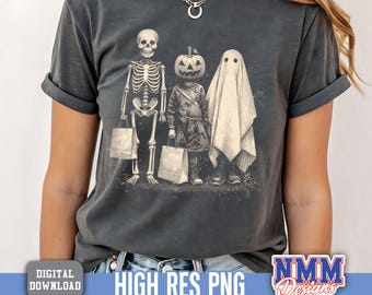 Spooky Squad Halloween PNG: retro skelet, spook en pompoen (digitale download)