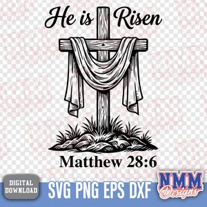 Puede incluir: Ilustración en blanco y negro de una cruz de madera con un paño drapeado. El texto "Él ha resucitado" está encima de la cruz, y "Mateo 28:6" está debajo. El diseño incluye hierba en la base.