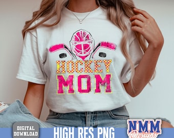 Mamá de hockey PNG: color amarillo y rosa, diseño desgastado (descarga digital)