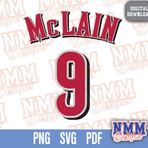 May include: Red and white graphic design featuring the text "McLAIN" and the number "9" in a vintage style.