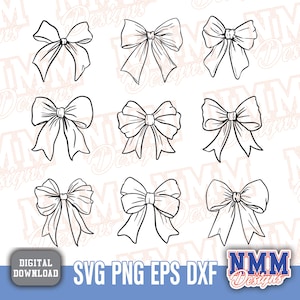 Pacchetto SVG Boho Ribbon / SVG Coquette Bow, Clipart fiocco per capelli, SVG papillon, file di taglio PNG per Cricut, disegni disegnati a mano
