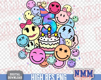 5th Birthday Emoji smile PNG Design (Digital Download)