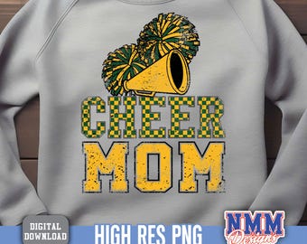 Cheer Mom PNG: Green, Gold Poms & Megaphone (Digital Download)