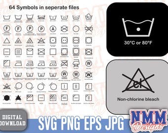 Puede incluir: Un conjunto de 64 símbolos de cuidado de la ropa en blanco y negro, que incluyen instrucciones para lavar, secar, planchar y blanquear. Los símbolos están dispuestos en una cuadrícula con descripciones de texto debajo de cada símbolo. El texto incluye "30°C o 80°F" y "Blanqueador sin cloro".