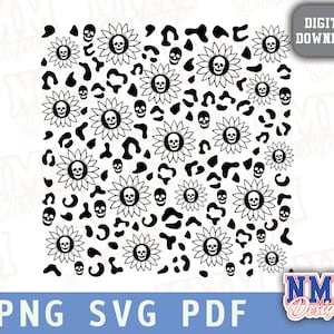 May include: Black and white digital design featuring a repeating pattern of sunflowers with skull faces, leopard print spots, and small skulls. The design includes the text "PNG SVG PDF" and "DIGITAL DOWNLOAD".