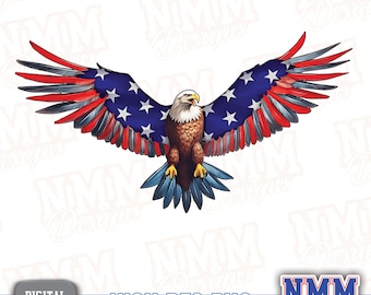 May include: A digital illustration of a bald eagle with outstretched wings. The eagle's wings are decorated with the American flag design, featuring red and white stripes and white stars on a blue background. The text "HIGH RES PNG" is displayed.