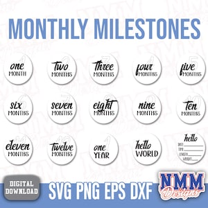 15 Baby Monthly Milestone svg Bundle , Baby Monthly Milestone Rounds SVG ,Glowforge Cricut & Silhouette, Hello World Svg, Baby Svg cut files