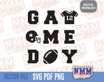 Puede incluir: Diseño gráfico en blanco y negro con el texto "GAME DAY" en letras grandes y en negrita. El gráfico también incluye un casco de fútbol, una pelota de fútbol y una camiseta con el número 12.