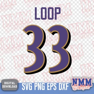 May include: Digital design featuring the word "LOOP" in dark purple, with the number "33" in a similar color, outlined in gold and black. Includes "SVG PNG EPS DXF" text and a logo.