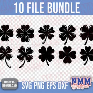 May include: A digital download graphic featuring ten black shamrock designs. The text "10 FILE BUNDLE" is at the top, with "SVG PNG EPS DXF" below the shamrocks. A "DIGITAL DOWNLOAD" button is in the lower left.