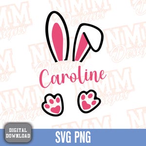 May include: A digital download of a pink and black bunny rabbit with paw prints and the name Caroline. SVG PNG.